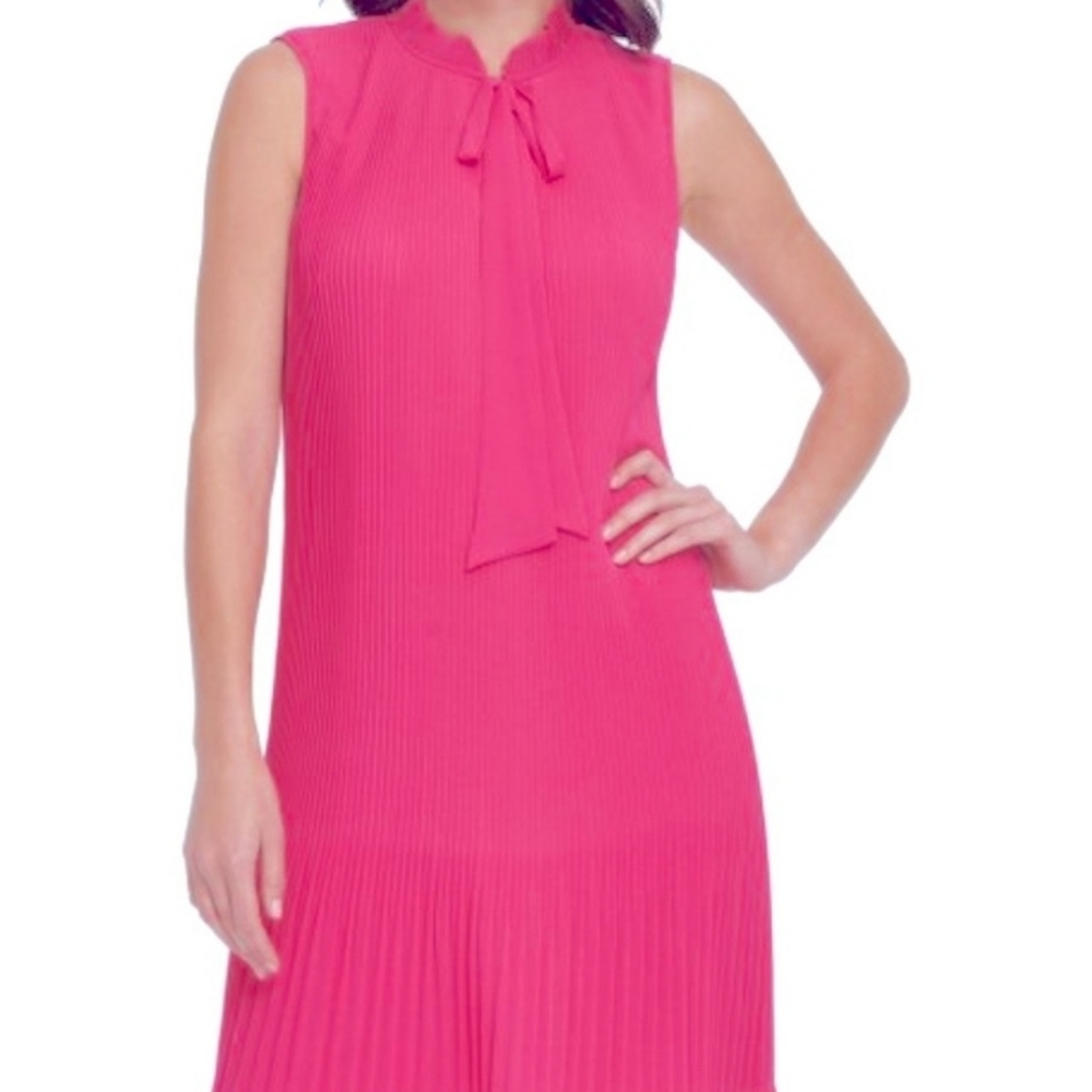 DKNY Women's Tie Neck Pleated Dress Blue Size 6 Pink New with tag Reg $139